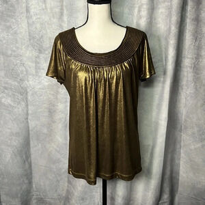 Dana Buchman Gold Metallic Scoop Neck Short Sleeved Blouse - size Small